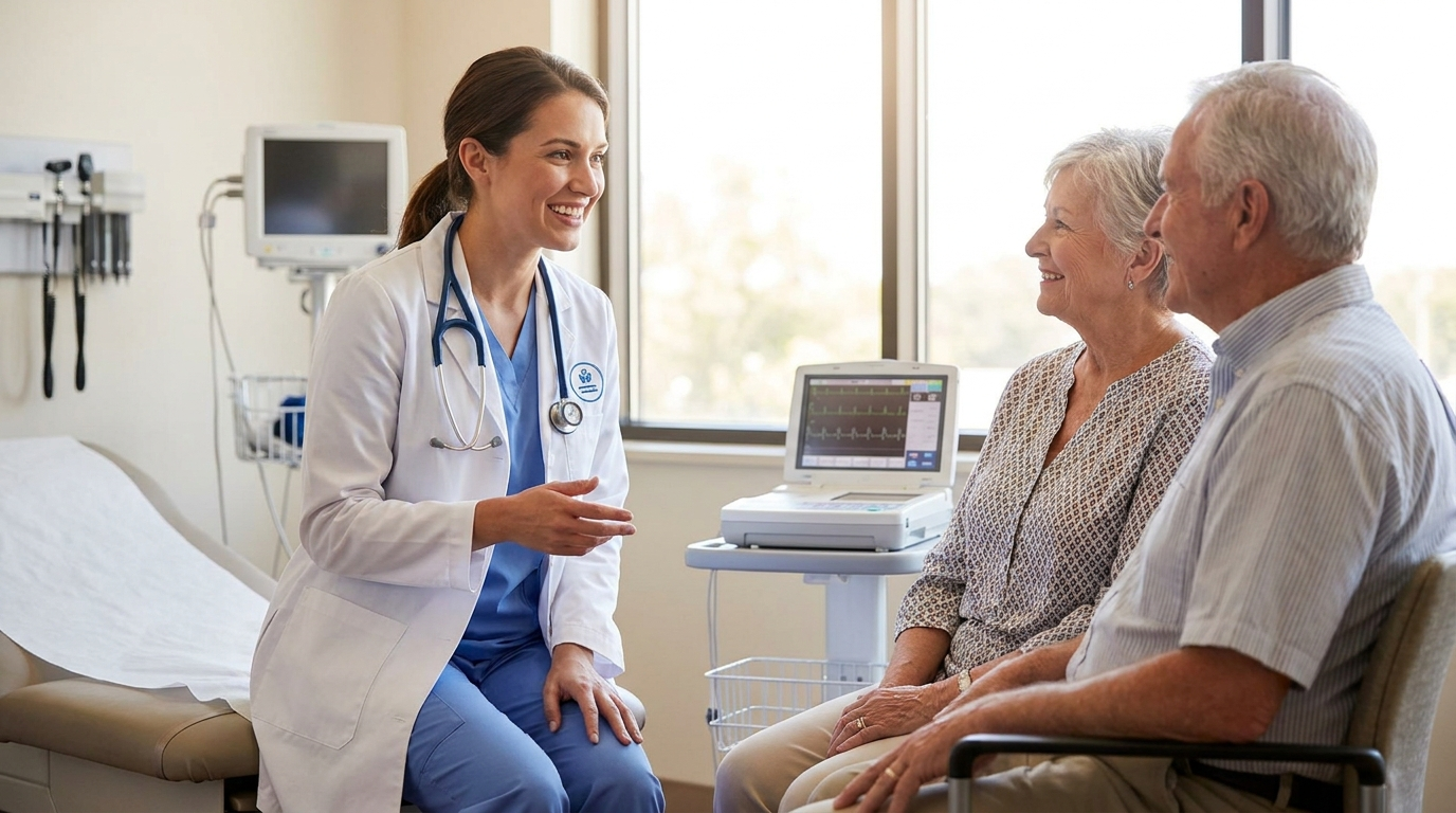 Confident APP reviewing care with a patient and family in the exam room